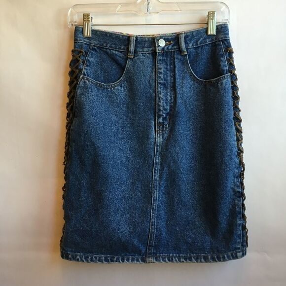 VINTAGE JORDACHE JEAN SKIRT WITH LEATHER LACING‎ - Picture 1 of 8